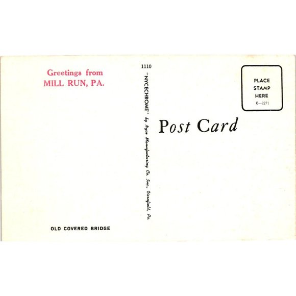 Mill Run Pennsylvania Old Covered Bridge Postcard Travel Souvenir Unposted Vinta - Picture 2 of 2